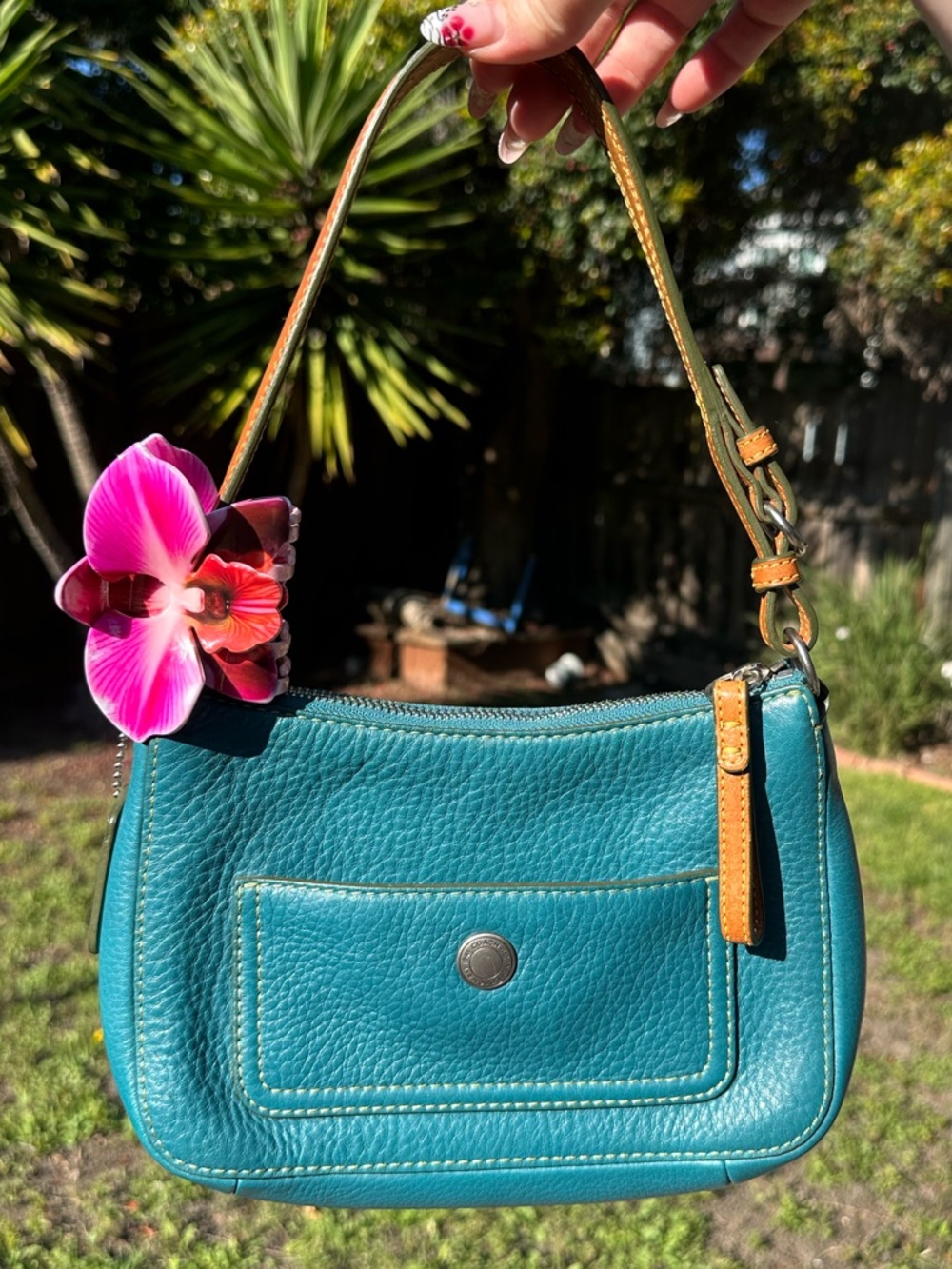 Coach Teal Leather Shoulder Bag with Brown Strap